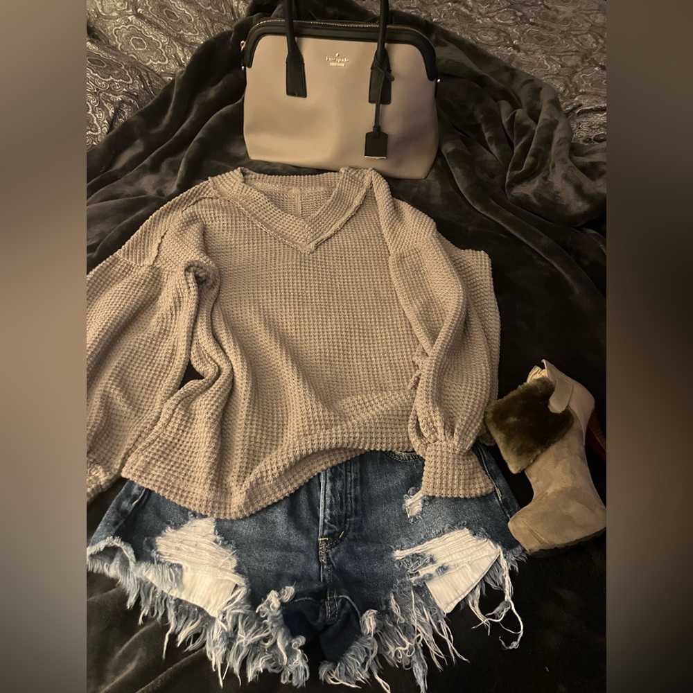 Waffle knit pullover sweater light khaki-S